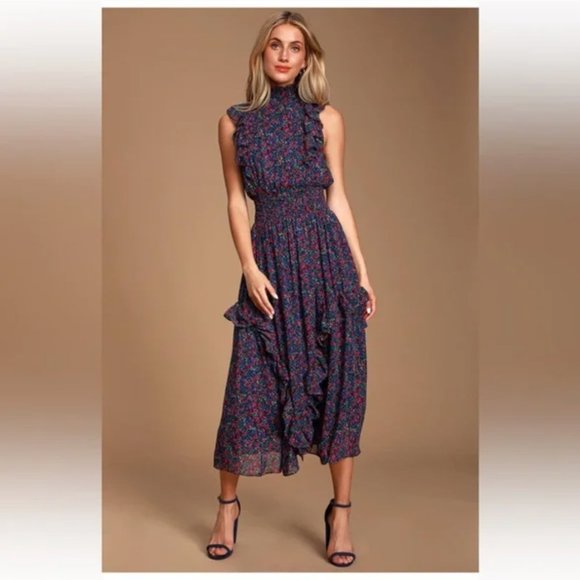Lulus Dresses & Skirts - NWT Lulus Evalina Navy Blue Floral Print Mock Neck Midi Dress [S] Feminine Frill